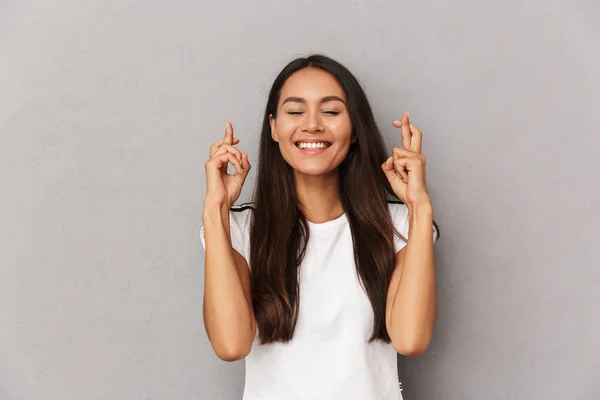 Image Excited Happy Young Woman Isolated Grey Background Showing Hopeful — Stock Photo, Image