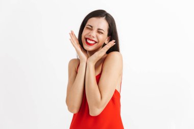 Görüntü izole mutlu gülümseyen güzel genç kadının poz.