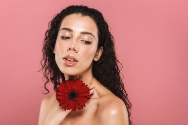 Pembe arka plan üzerinde beyaz çıplak kadın 20'li yaşlarda gülümseyen ve kırmızı çiçek tutan uzun saçlı güzellik fotoğrafı izole