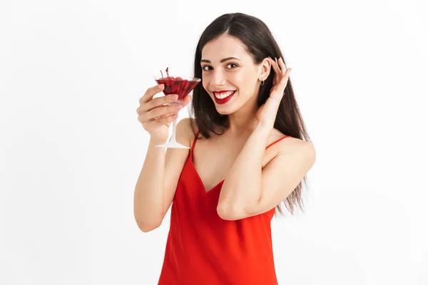 Foto Unga Glada Glada Kvinna Poserar Isolerade Dricka Cocktail — Stockfoto