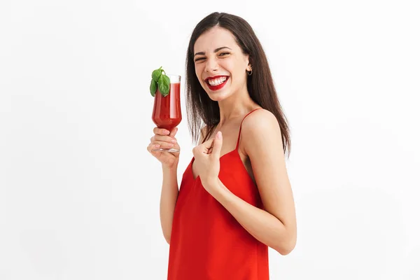 Foto Jovem Feliz Mulher Animada Posando Coquetel Bebida Isolado — Fotografia de Stock