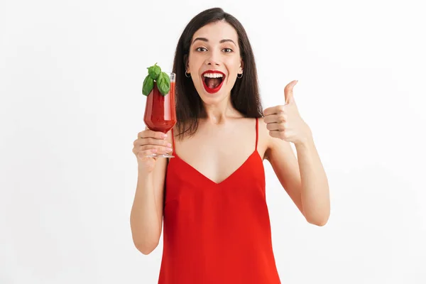 Photo Young Happy Excited Woman Posing Isolated Drinking Cocktail Showing — Stock Photo, Image