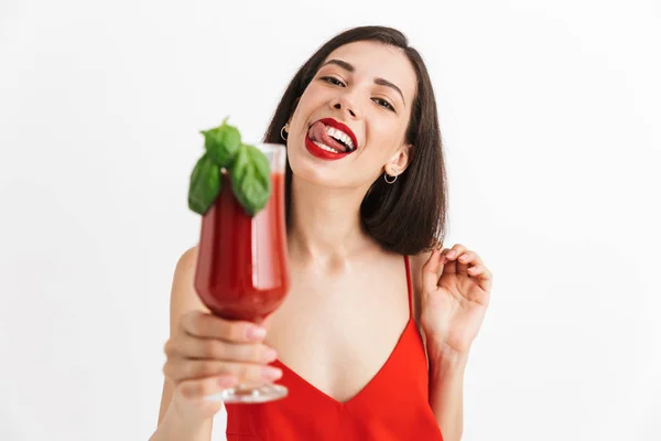 Foto Unga Glada Glada Kvinna Poserar Isolerade Dricka Cocktail — Stockfoto
