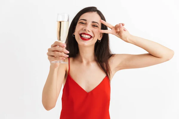 Porträtt Glad Ung Kvinna Klänning Holding Glas Champagne Isolerade Över — Stockfoto