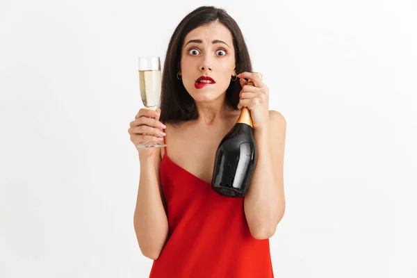 Portrait Frustrated Young Woman Dress Holding Glass Bottle Champagne Isolated — Stock Photo, Image