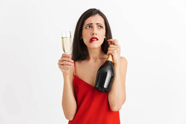 Portrait Confused Young Woman Dress Holding Glass Bottle Champagne Isolated — Stock Photo, Image