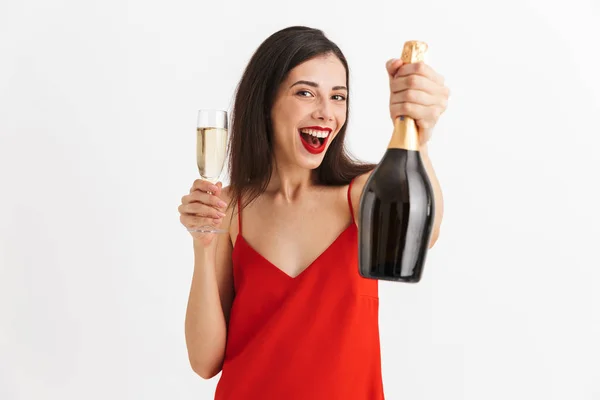 Porträtt Glad Ung Kvinna Klänning Holding Glas Och Flaska Champagne — Stockfoto