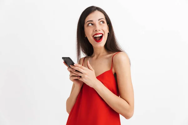 Portrait Excited Young Woman Dress Isolated White Background Holding Mobile — Stock Photo, Image