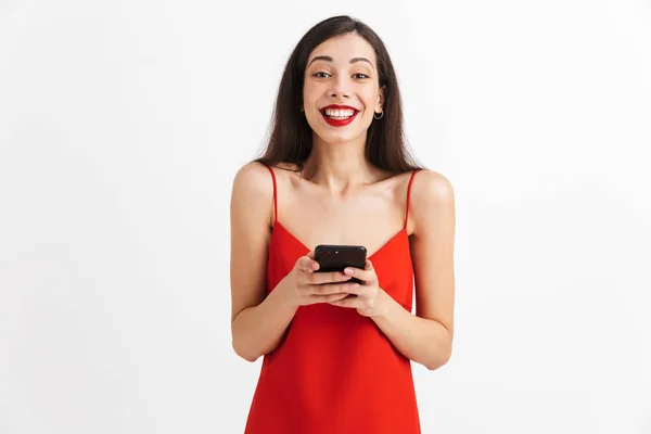 Portrait Happy Young Woman Dress Isolated White Background Holding Mobile — Stock Photo, Image