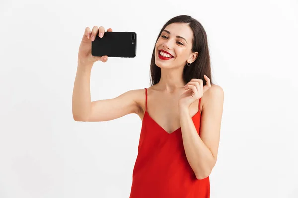 Retrato Una Joven Feliz Vestido Aislado Sobre Fondo Blanco Tomando — Foto de Stock