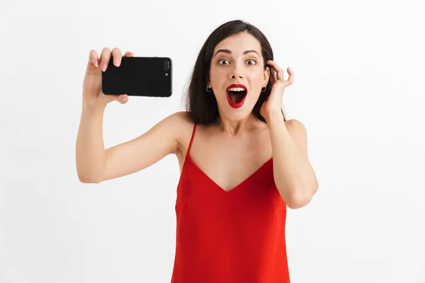 Retrato Una Joven Feliz Vestido Aislado Sobre Fondo Blanco Tomando — Foto de Stock