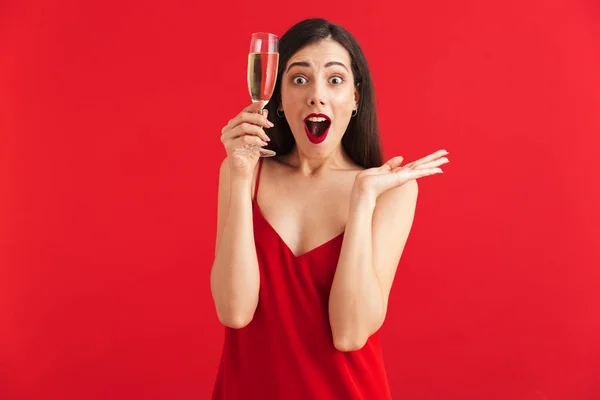 Portrait Excited Young Woman Dress Holding Glass Champagne Isolated Red — Stock Photo, Image