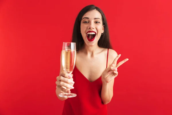 Portrait Cheerful Young Woman Dress Holding Glass Champagne Isolated Red — Stock Photo, Image
