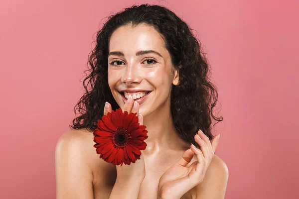 ピンクの背景に赤い花を押し笑顔長い髪をブルネットの満足している女性 代の肖像画分離 — ストック写真