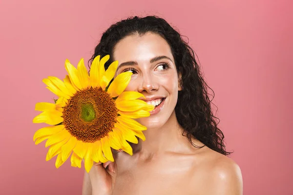 Beauty Photo Caucasian Nude Woman 20S Long Hair Laughing Holding — Stock Photo, Image