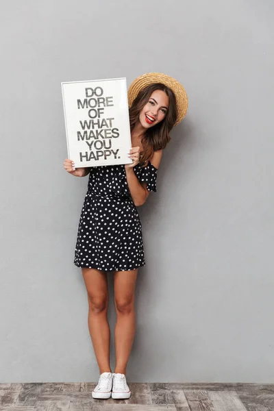 Full Length Portrait Cheerful Young Girl Dress Straw Hat Gray — Stock Photo, Image