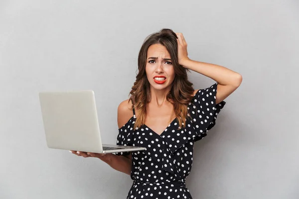 Portrait Frustrated Young Girl Dress Gray Background Holding Laptop Computer — Stock Photo, Image