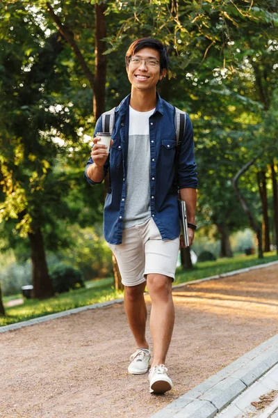 Full Length Image Happy Asian Male Student Eyeglasses Walking Laptop — Stock Photo, Image