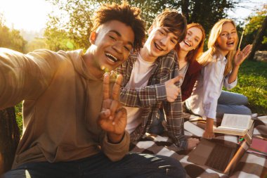 Grup ödev birlikte parkta enerjik multhiethnic öğrenci dizüstü bilgisayar, cep telefonu ile bir selfie alarak kullanan