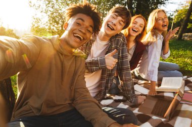 Parkta birlikte ödev neşeli multhiethnic öğrenciler dizüstü bilgisayar, cep telefonu ile bir selfie alarak kullanan Grup