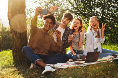 Grup ödev parkta birlikte mutlu multhiethnic öğrenci dizüstü bilgisayar, cep telefonu ile bir selfie alarak kullanan