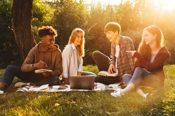 Groep Van Vrolijke Multhiethnic Studenten Huiswerk Samen Het Park Met — Stockfoto