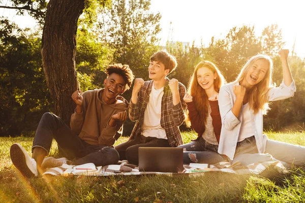 Groupe Étudiants Multhiethniques Joyeux Faisant Leurs Devoirs Ensemble Parc Utilisant — Photo