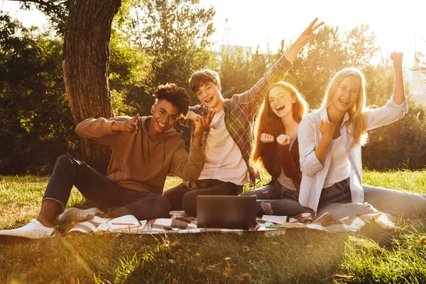 Grupo Alegres Estudiantes Multiétnicos Haciendo Deberes Juntos Parque Usando Computadora — Foto de Stock