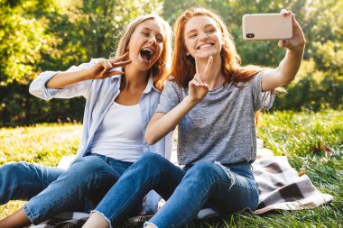 Görüntü yaz Park'ta dinlenme sırasında ot ve alma selfie Smartphone cep telefonu ile oturan rahat kıyafetler giymiş iki mutlu kız öğrenci