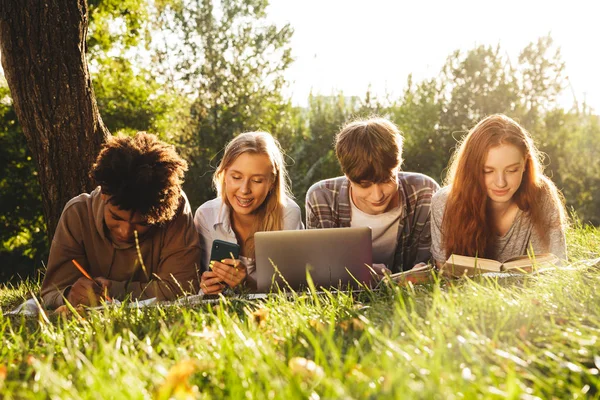 公園で一緒に宿題 ノート パソコンと携帯電話を使用して 草を置くことの幸せ Multhiethnic 学生のグループ — ストック写真