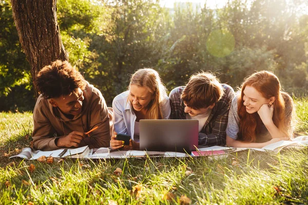 Gruppe Von Lachenden Multikulturellen Schülern Die Gemeinsam Park Hausaufgaben Machen — Stockfoto