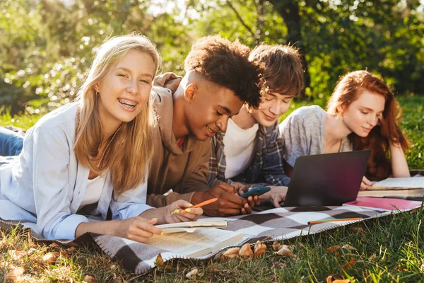 Group of excited multhiethnic students doing homework together at the park, using laptop computer and mobile phone, laying on a grass