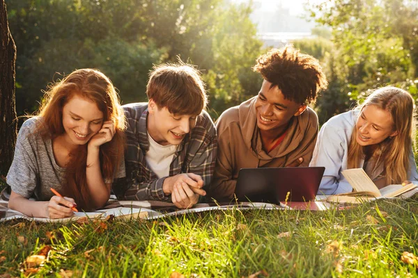 Gruppo Studenti Multietnici Sorridenti Che Fanno Compiti Insieme Parco Usando — Foto Stock