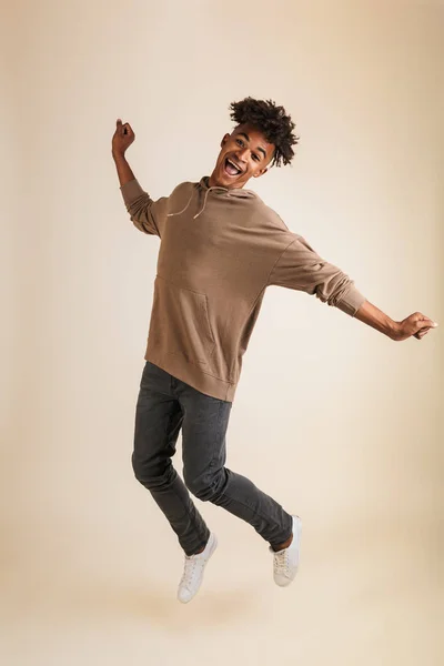 Full Length Portrait Cheerful Young Afro American Man Dressed Hoodie — Stock Photo, Image