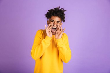 Neşeli bir genç afro Amerikalı adam portresi kazak izole bağırarak giyinmiş