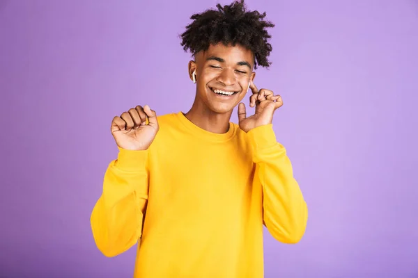 Portrait African Teenage Guy Having Stylish Afro Hairdo Dancing While — Stock Photo, Image