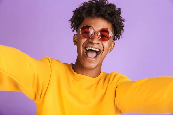 Close Portrait Happy Young Afro American Man Sweatshirt Sunglasses Isolated — Stock Photo, Image