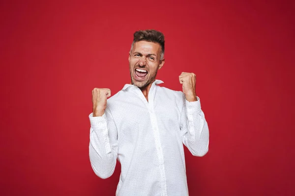 Photo Positive Guy Formal Wear Shouting Clenching Fists Isolated Red — Stock Photo, Image