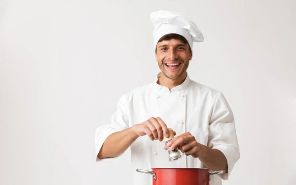 Imagem Belo Jovem Chef Homem Isolado Sobre Parede Branca Fundo — Fotografia de Stock