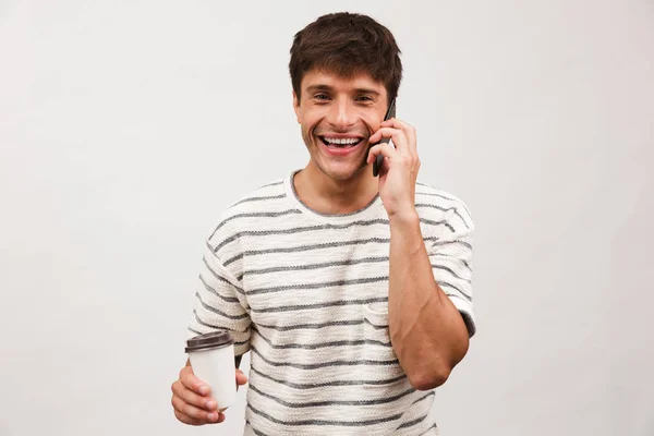 Imagen Feliz Hombre Guapo Alegre Pie Aislado Sobre Pared Fondo — Foto de Stock