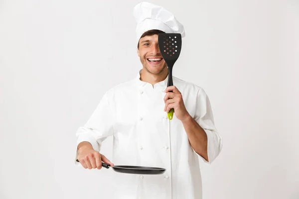 Imagem Belo Jovem Chef Homem Isolado Sobre Fundo Parede Branca — Fotografia de Stock