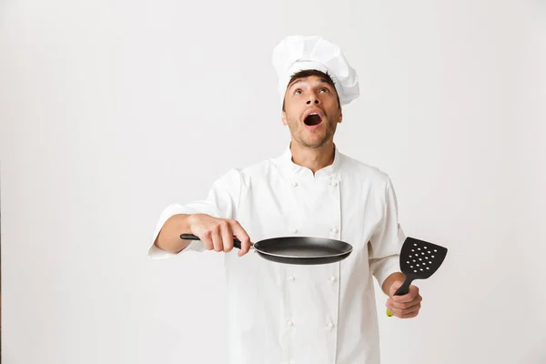 Imagem Belo Jovem Chef Homem Isolado Sobre Fundo Parede Branca — Fotografia de Stock