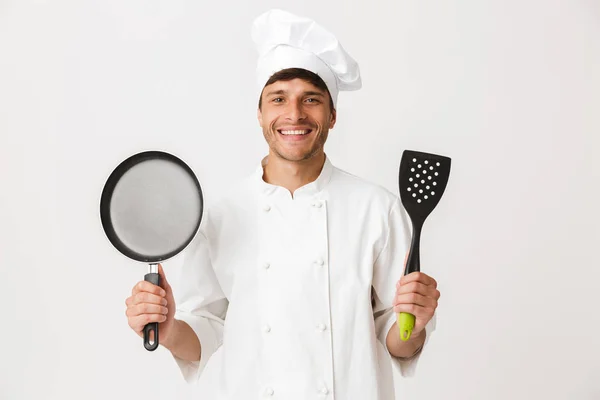 Immagine Bel Giovane Chef Uomo Piedi Isolato Sfondo Bianco Parete — Foto Stock