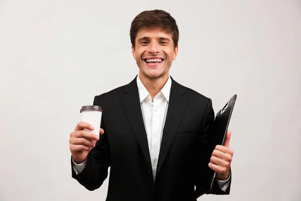 Image Handsome Cheerful Young Businessman Standing Isolated White Background Wall — Stock Photo, Image