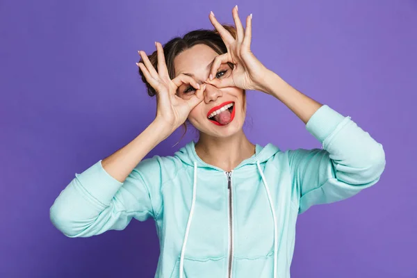 Portrait Happy Brunette Girl Two Buns Smiling Looking Hole Made — Stock Photo, Image