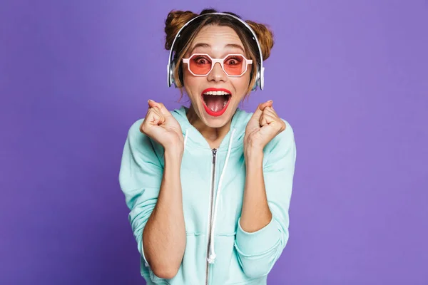 Portrait Cheery Young Girl Bright Makeup Violet Background Listening Music — Stock Photo, Image