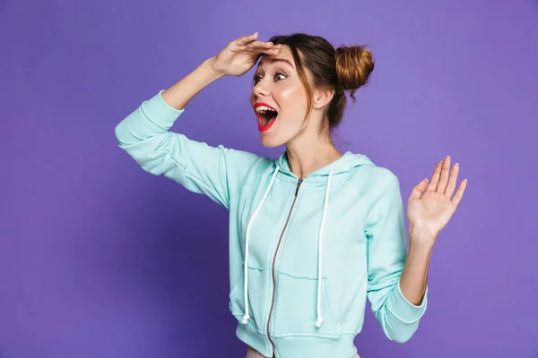 Portret Van Verbaasd Mooie Vrouw Met Twee Broodjes Die Hand — Stockfoto