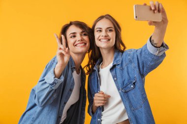 Duygusal genç kadın arkadaşlar görüntü sarı duvar arka plan al bir selfie cep telefonuyla izole.