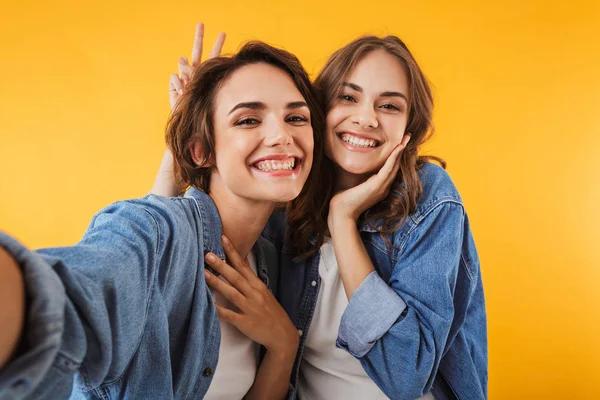 幸せな興奮して若い女性の友人のイメージによって分離された黄色の壁背景を取る上 Selfie カメラ — ストック写真