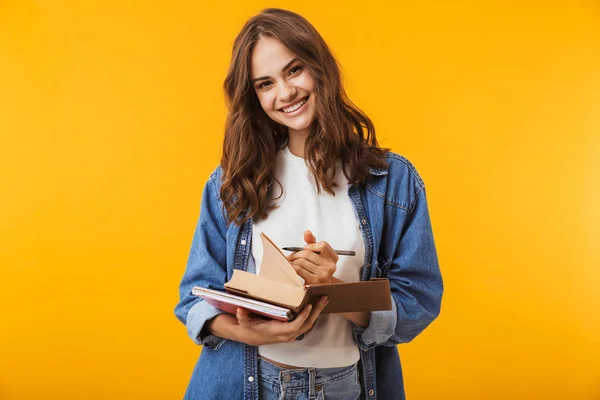 Image Happy Emotional Young Woman Posing Isolated Yellow Background Reading — Stock Photo, Image